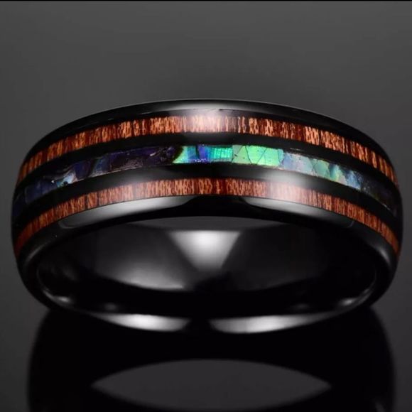 SALE Men's 8MM Black Tungsten Steel Inlay Koa Wood Band Wedding Engagement Ring - Picture 3 of 4